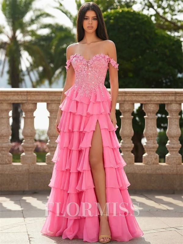 A-line Off-the-Shoulder Cascading Ruffles Sweep Train Chiffon Corset Prom Dress