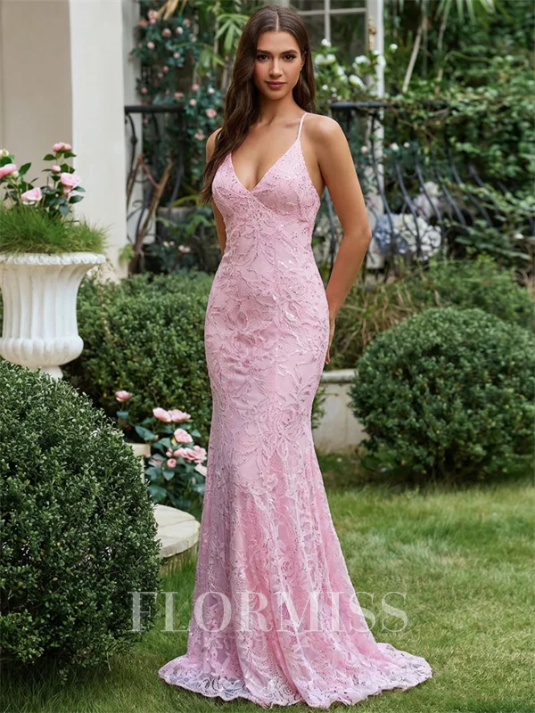 Sheath Spaghetti Straps Appliques Lace Sweep Train Prom Dress
