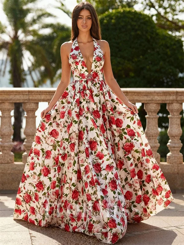 A-line Halter Ruffles Floor-Length Corset Prom Dress