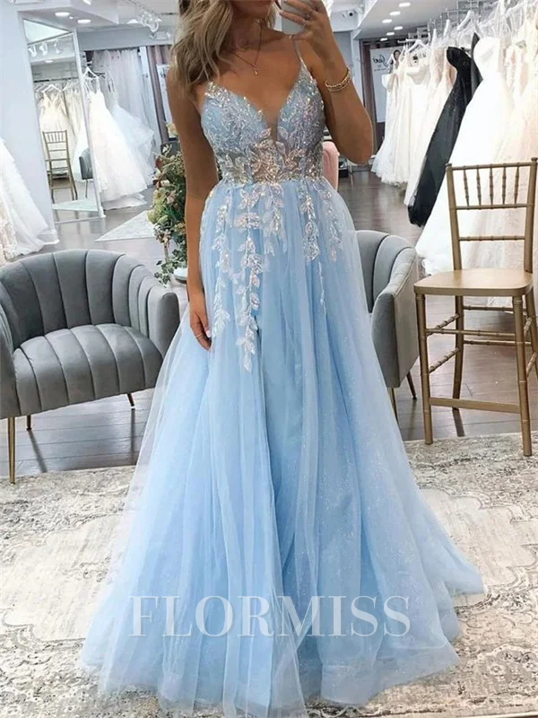 A-line Spaghetti Straps Appliques Lace Floor-Length Tulle Prom Dress