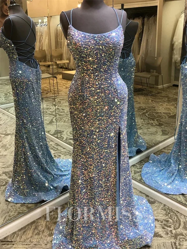 Sheath Spaghetti Straps Sweep Train Velvet Sequins Prom Dress