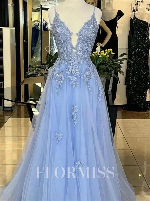 A-line Spaghetti Straps Appliques Lace Sweep Train Tulle Prom Dress