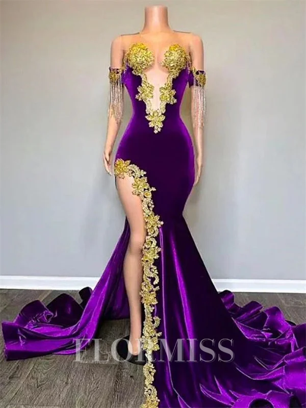 Mermaid Illusion Appliques Lace Sweep Train Velvet Prom Dress