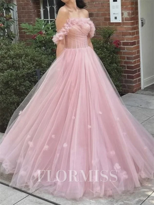 A-line Off-the-Shoulder Flower Floor-Length Tulle Corset Prom Dress