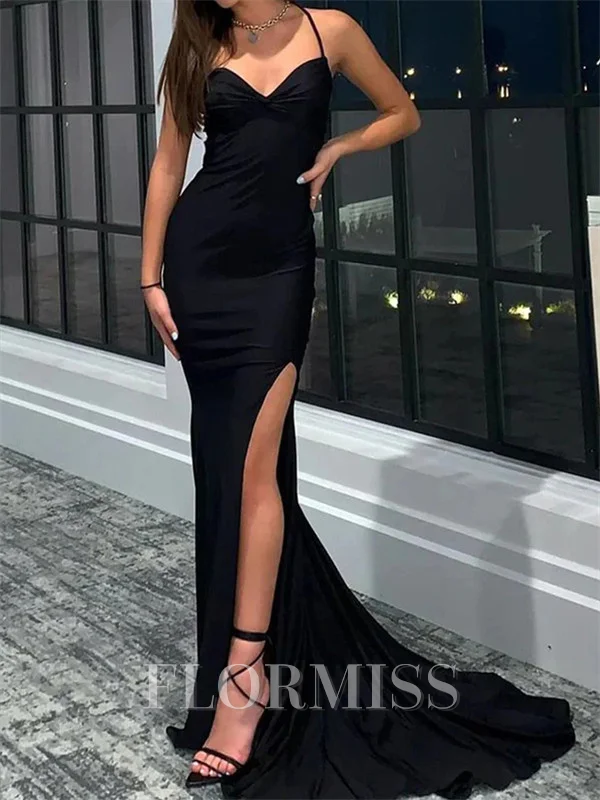 Sheath Spaghetti Straps Pleated Court Train Jersey Prom Dress