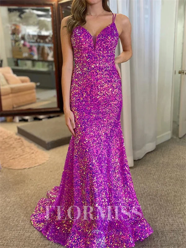 Sheath Spaghetti Straps Sequin Sweep Train Velvet Sequins Prom Dress