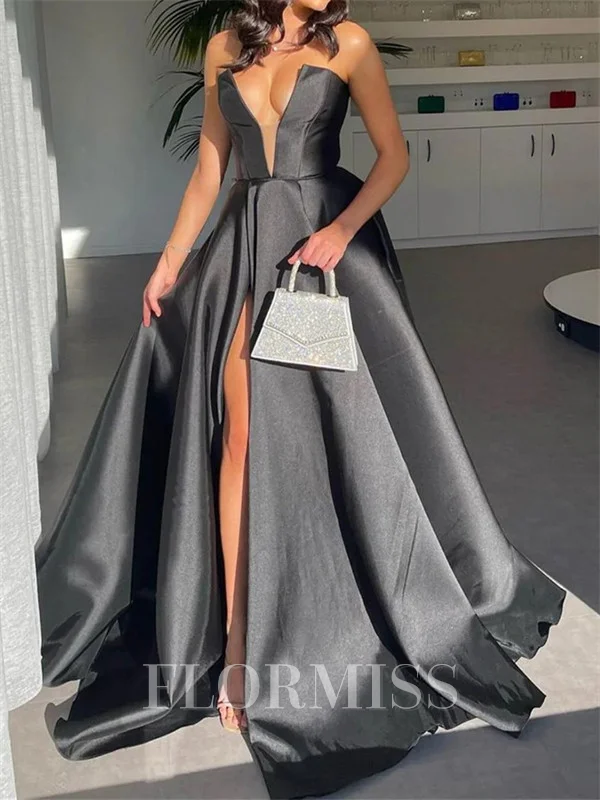 A-line V-neck Ruffles Sweep Train Satin Corset Prom Dress