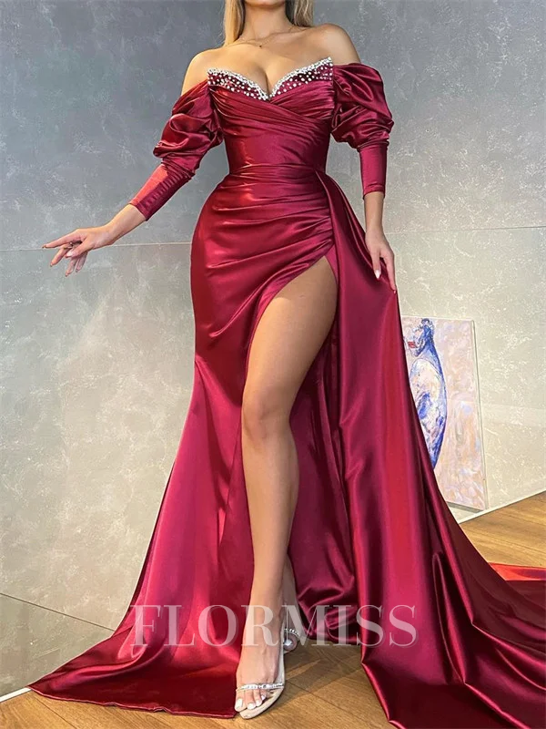 Sheath Off-the-Shoulder 3/4 Sleeves Rhinestone Chapel Train Silk Like Satin Corset Prom Dress