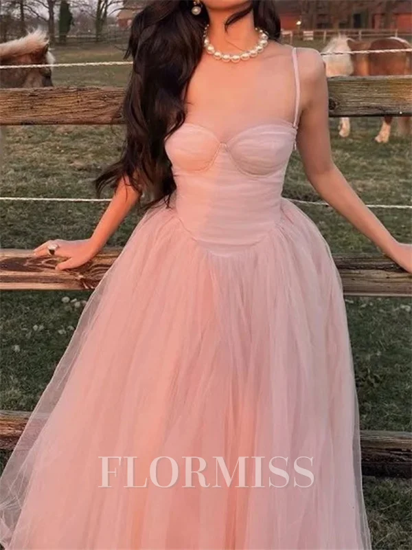 A-line Spaghetti Straps Floor-Length Tulle Prom Dress