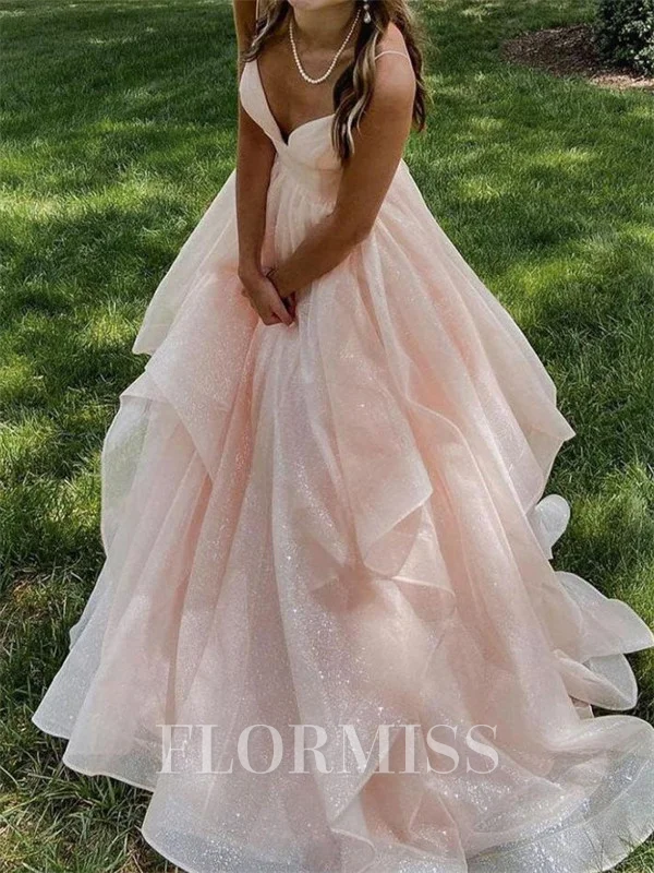 A-line V-neck Ruffles Sweep Train Corset Prom Dress