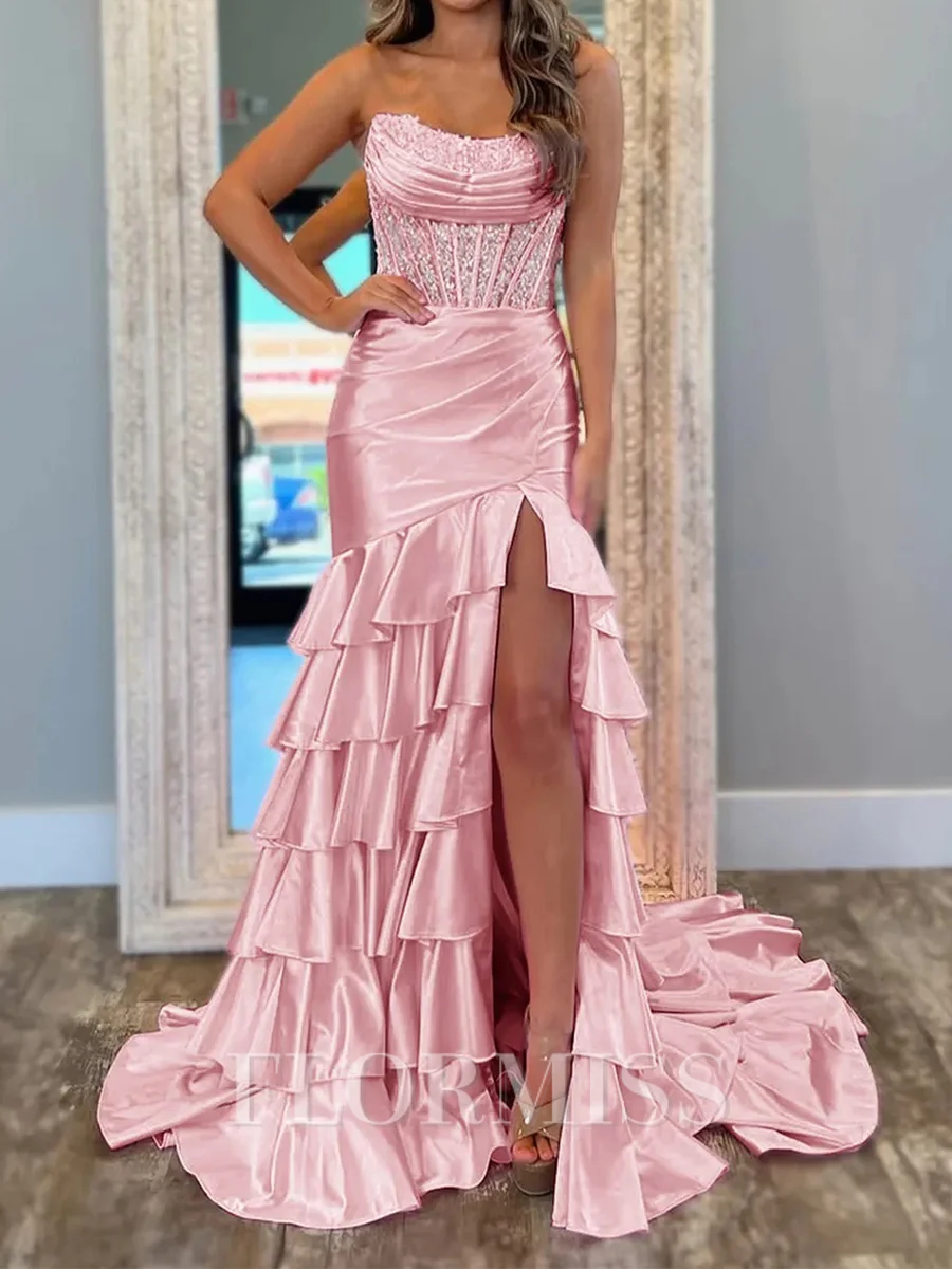 Sheath Straight Cascading Ruffles Court Train Silk Like Satin Corset Prom Dress