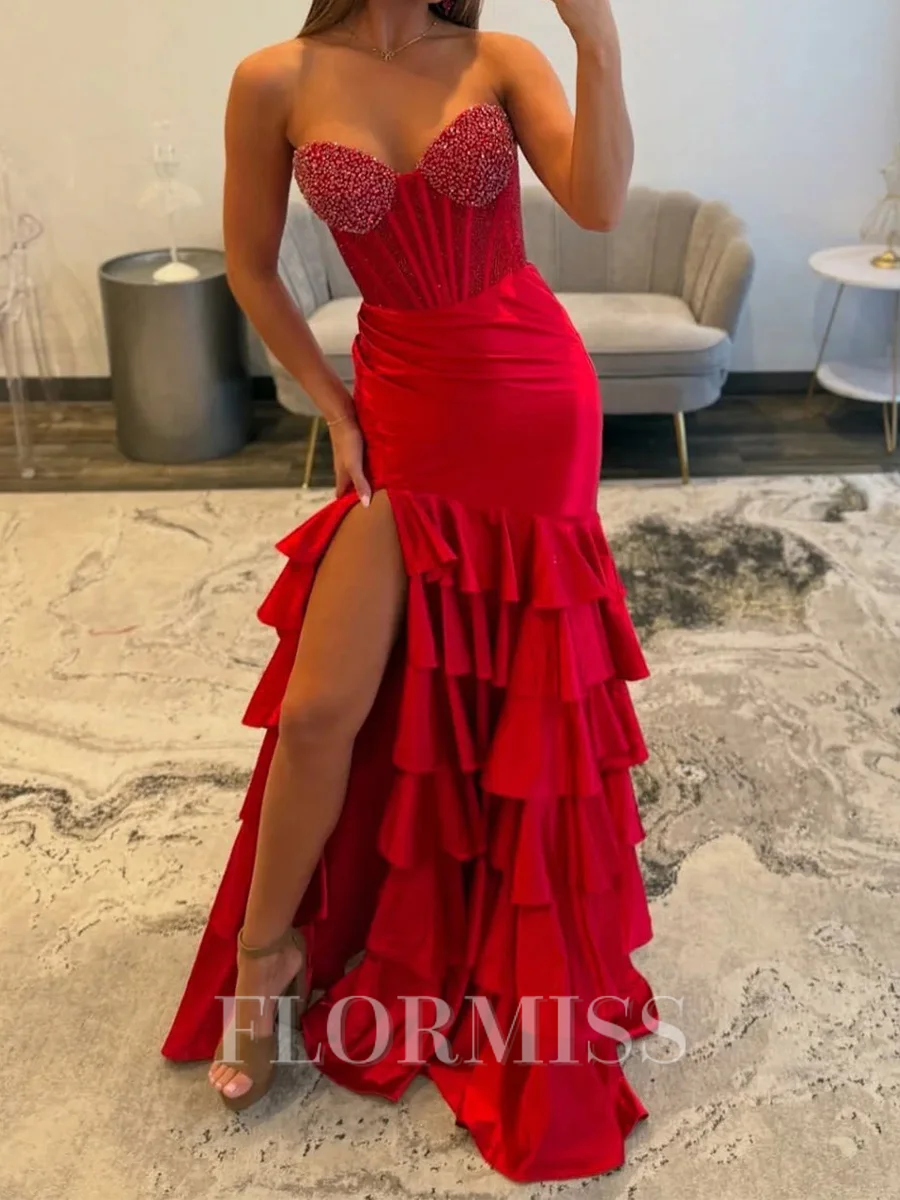 Sheath Sweetheart Cascading Ruffles Sweep Train Silk Like Satin Corset Prom Dress