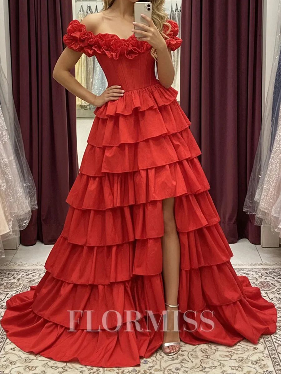 A-line Off-the-Shoulder Cascading Ruffles Floor-Length Taffeta Corset Prom Dress