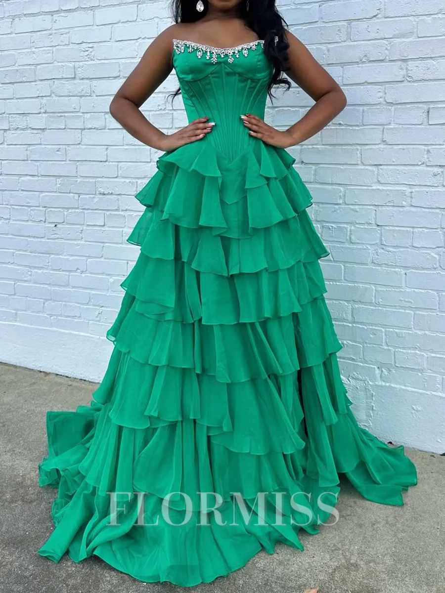 A-line Straight Cascading Ruffles Sweep Train Chiffon Corset Prom Dress