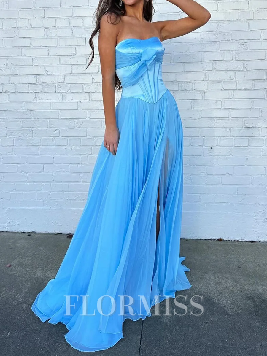 A-line Straight Bow Floor-Length Chiffon Corset Prom Dress