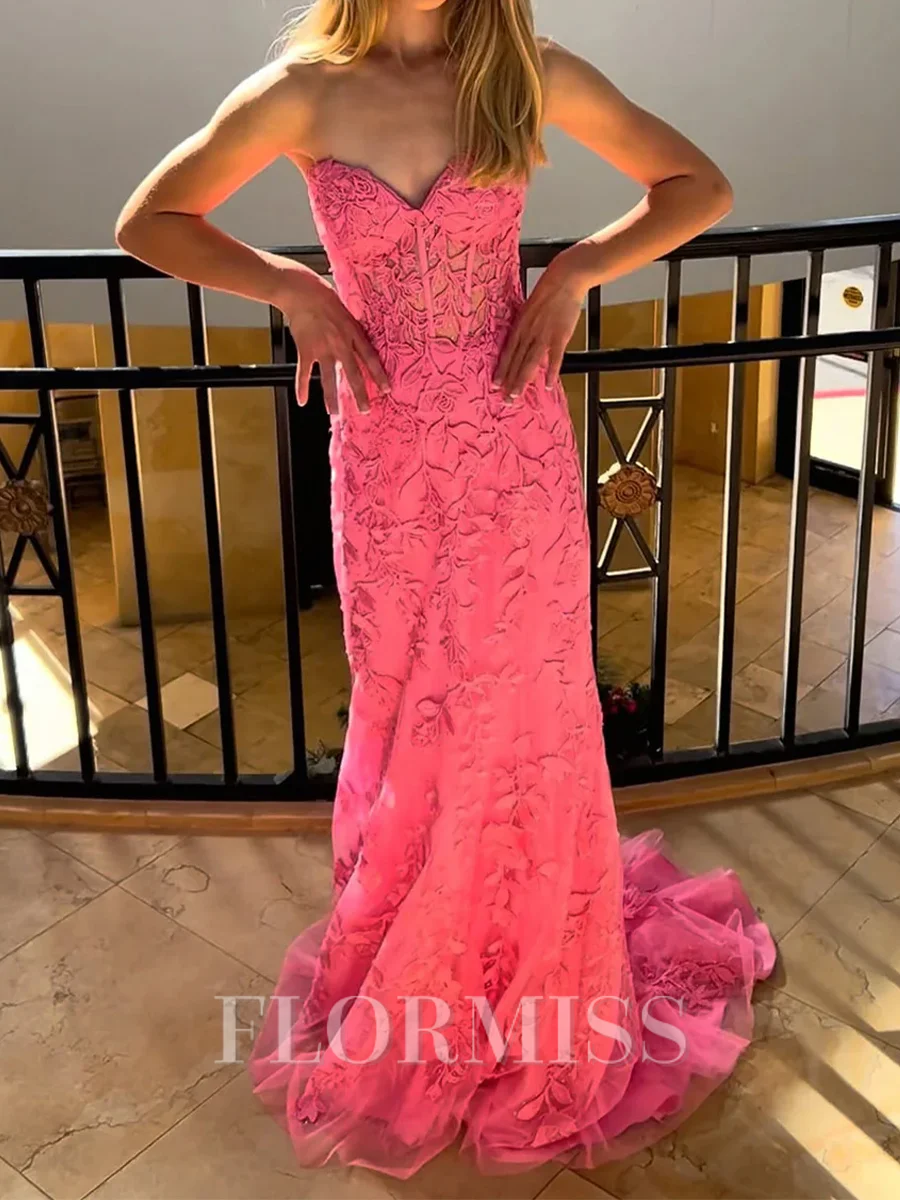 Sheath Sweetheart Appliques Lace Court Train Tulle Corset Prom Dress