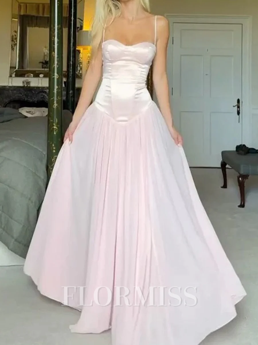 A-line Spaghetti Straps Pleated Floor-Length Chiffon Corset Prom Dress