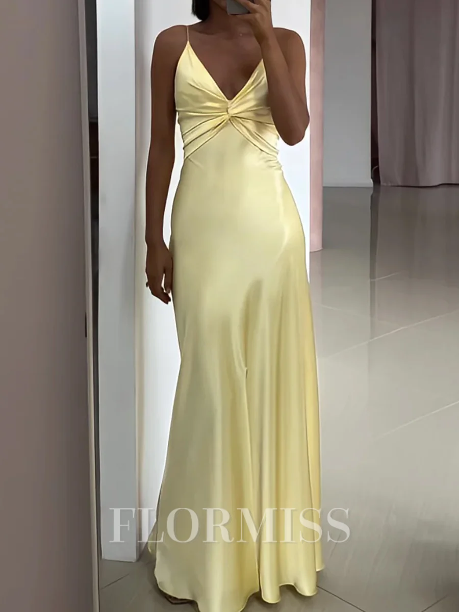 A-line V-neck Pleated Floor-Length Silk Like Satin Prom Dress