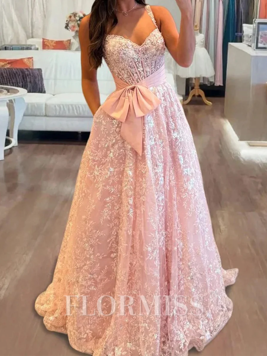 A-line Sweetheart Bow Sweep Train Lace Corset Prom Dress