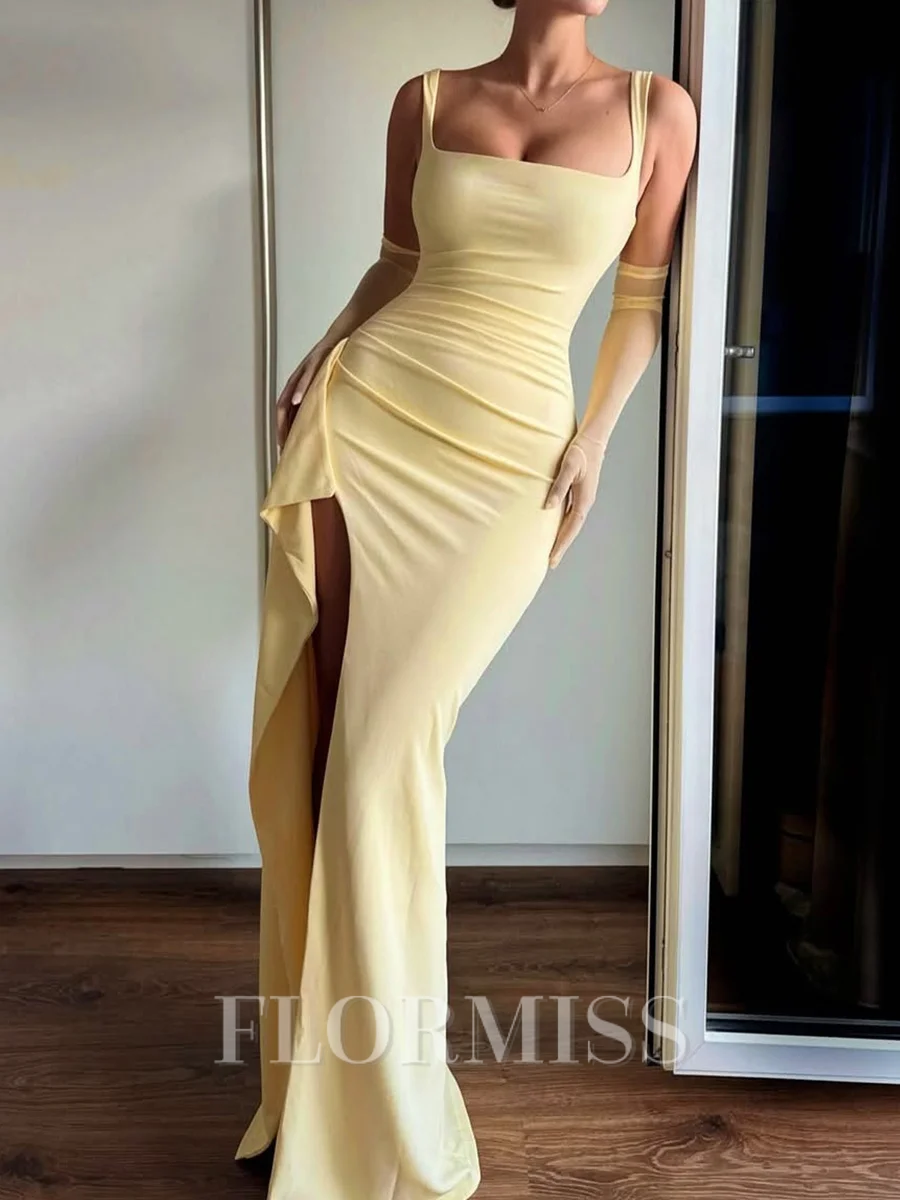 Sheath Square Pleated Floor-Length Jersey Prom Dress