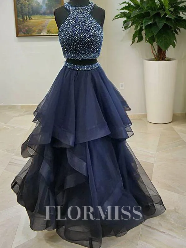 A-Line/Princess Halter Floor-Length Tulle Prom Dress