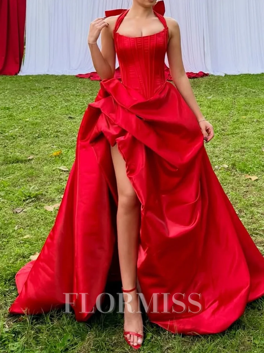 A-line Halter Bow Chapel Train Satin Corset Prom Dress