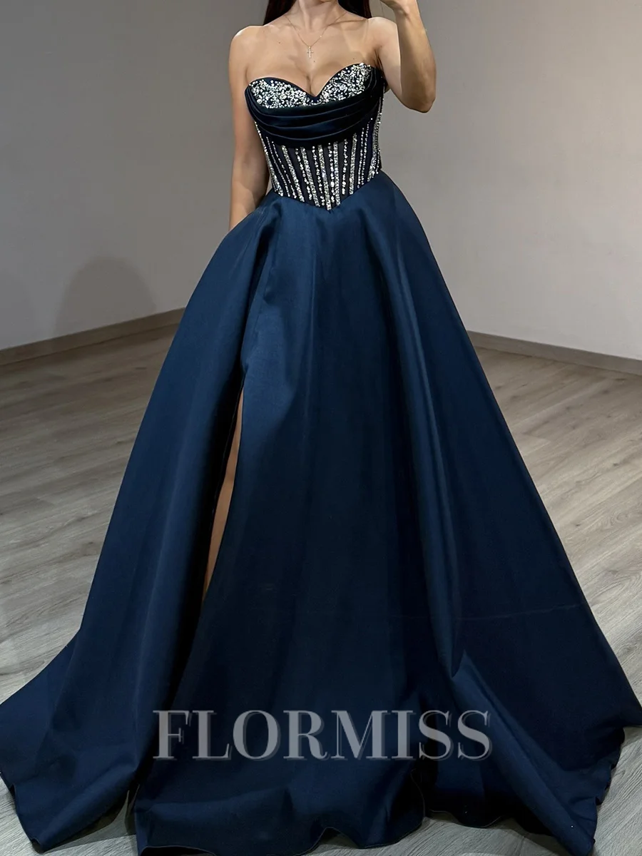 A-line Sweetheart Beading Sweep Train Satin Corset Prom Dress