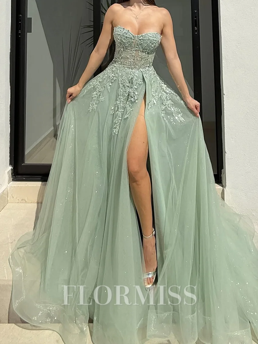 A-line Sweetheart Appliques Lace Sweep Train Tulle Corset Prom Dress