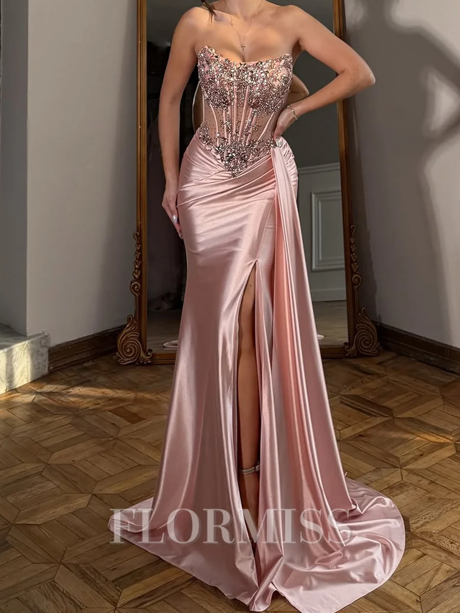 Sheath Straight Pleated Sweep Train Silk Like Satin Corset Prom Dress
