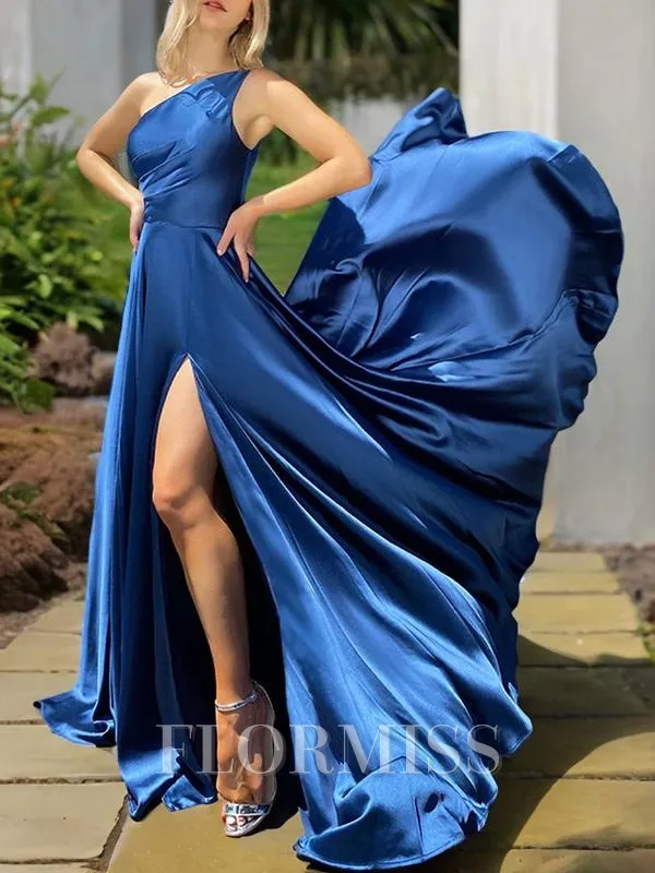 A-Line/Princess One-Shoulder Sweep Train Silk like Satin Prom Dress With Leg Slit