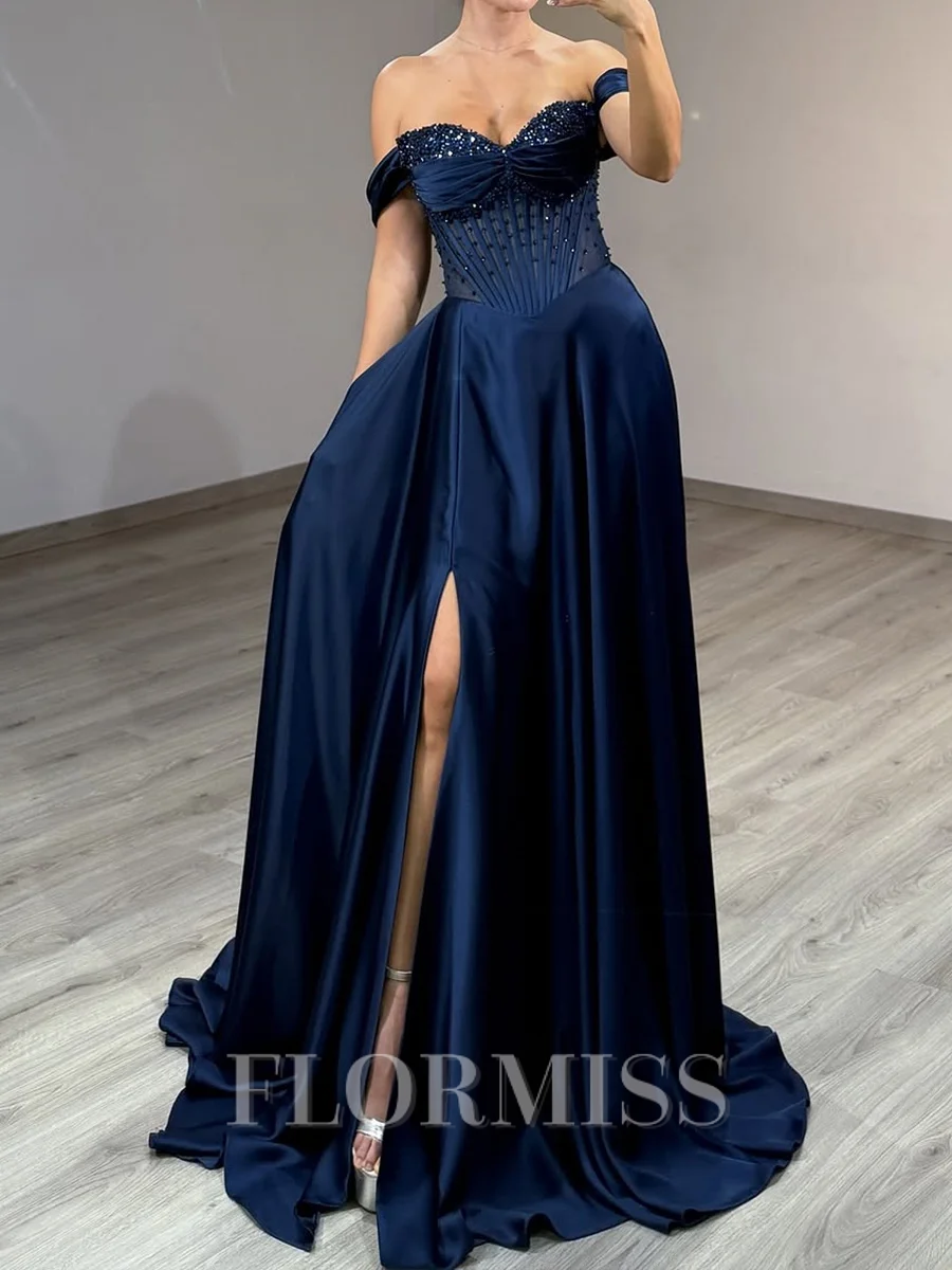 A-line Off-the-Shoulder Ruffles Sweep Train Silk Like Satin Corset Prom Dress