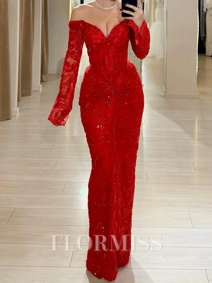 Sheath Off-the-Shoulder Long Sleeves Appliques Lace Floor-Length Lace Corset Prom Dress