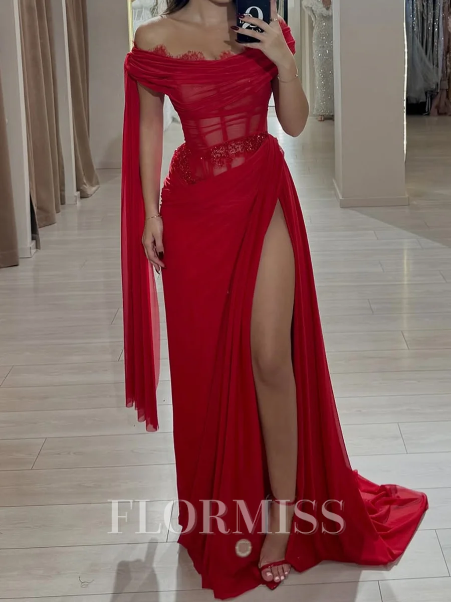 Sheath Off-the-Shoulder Pleated Sweep Train 30D Chiffon Corset Prom Dress