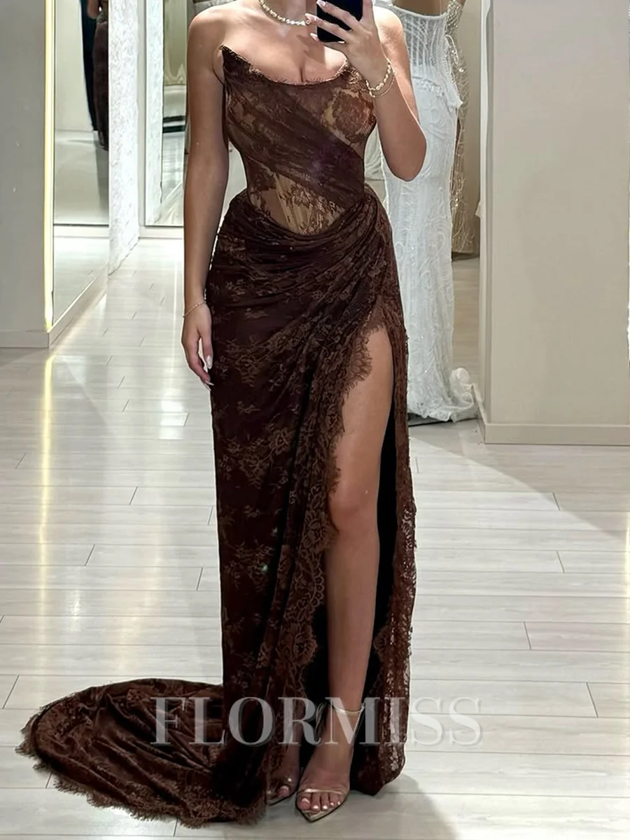 Sheath Straight Appliques Lace Court Train Lace Prom Dress