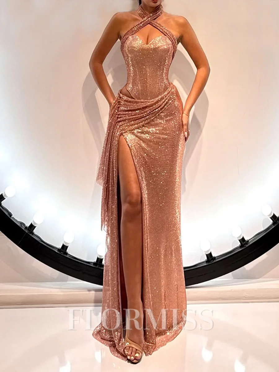 Sheath Halter Sequin Floor-Length Prom Dress