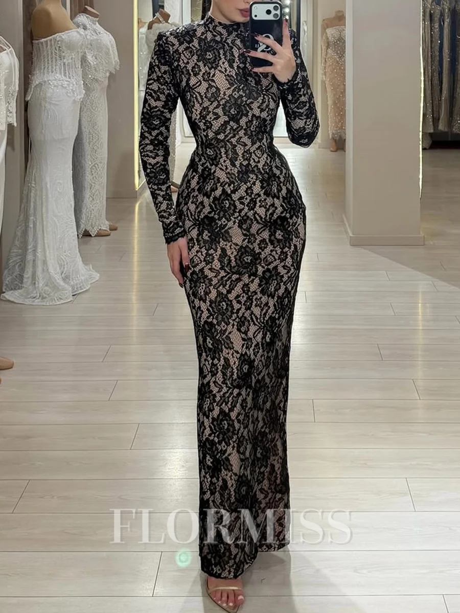 Sheath Scoop Long Sleeves Appliques Lace Floor-Length Lace Prom Dress