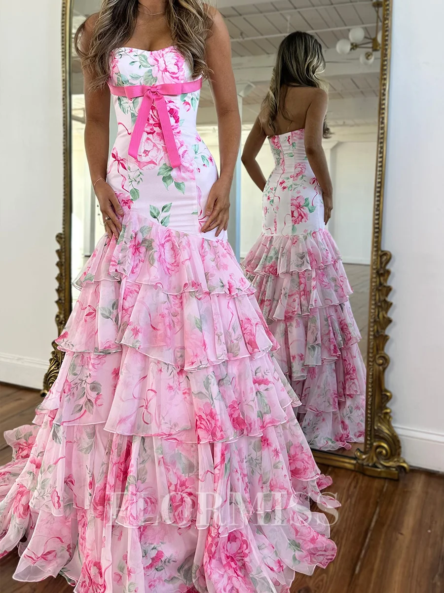 Sheath Straight Cascading Ruffles Sweep Train Corset Prom Dress