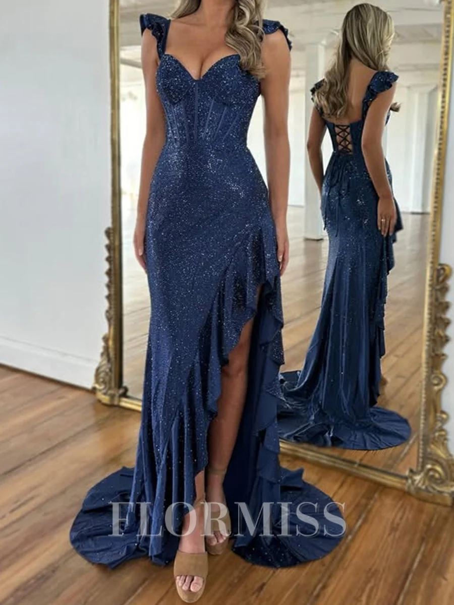 Sheath Sweetheart Sequin Sweep Train Silk Like Satin Corset Prom Dress