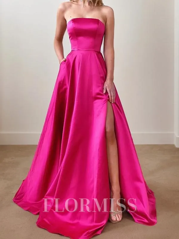 A-Line/Princess Strapless Sweep Train Satin Prom Dress With Leg Slit