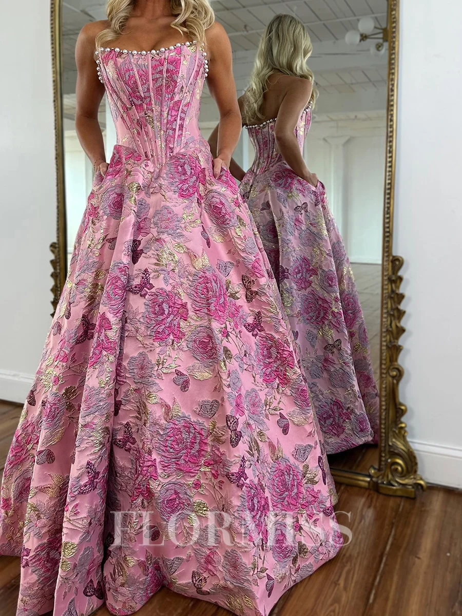 A-line Straight Beading Floor-Length Corset Prom Dress