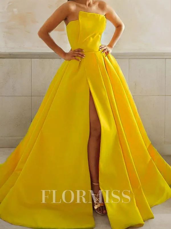 A-Line/Princess Strapless Sweep Train Satin Prom Dress With Leg Slit