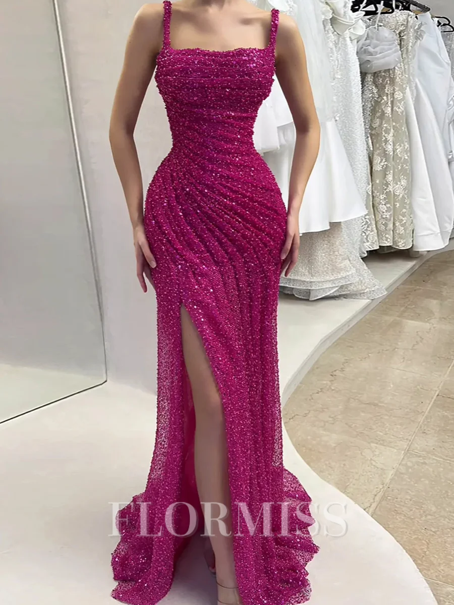 Sheath Square Sequin Sweep Train Corset Prom Dress