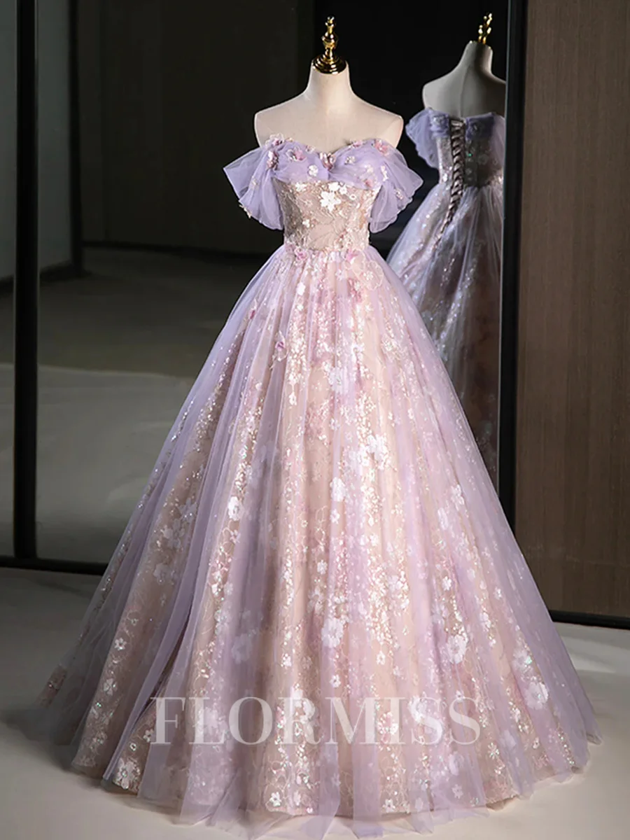 A-line Off-the-Shoulder Appliques Lace Floor-Length Lace Prom Dress