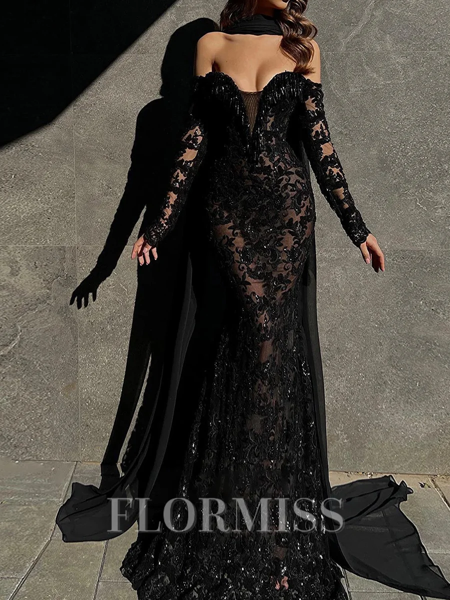 Mermaid Off-the-Shoulder Long Sleeves Sequin Sweep Train Chiffon Prom Dress