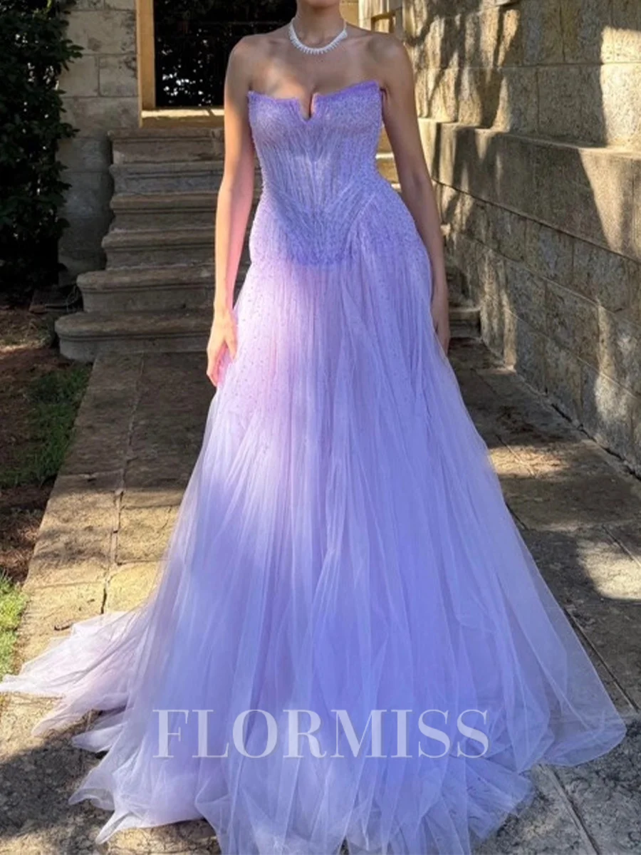 A-line Straight Ruffles Court Train Tulle Corset Prom Dress