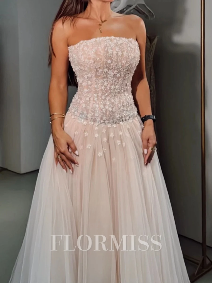 A-line Straight Flower Floor-Length Tulle Corset Prom Dress