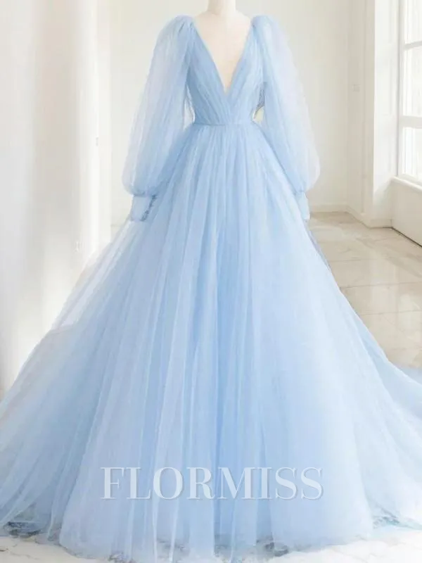 A-Line/Princess V-neck Sweep Train Tulle Prom Dress With Ruffles