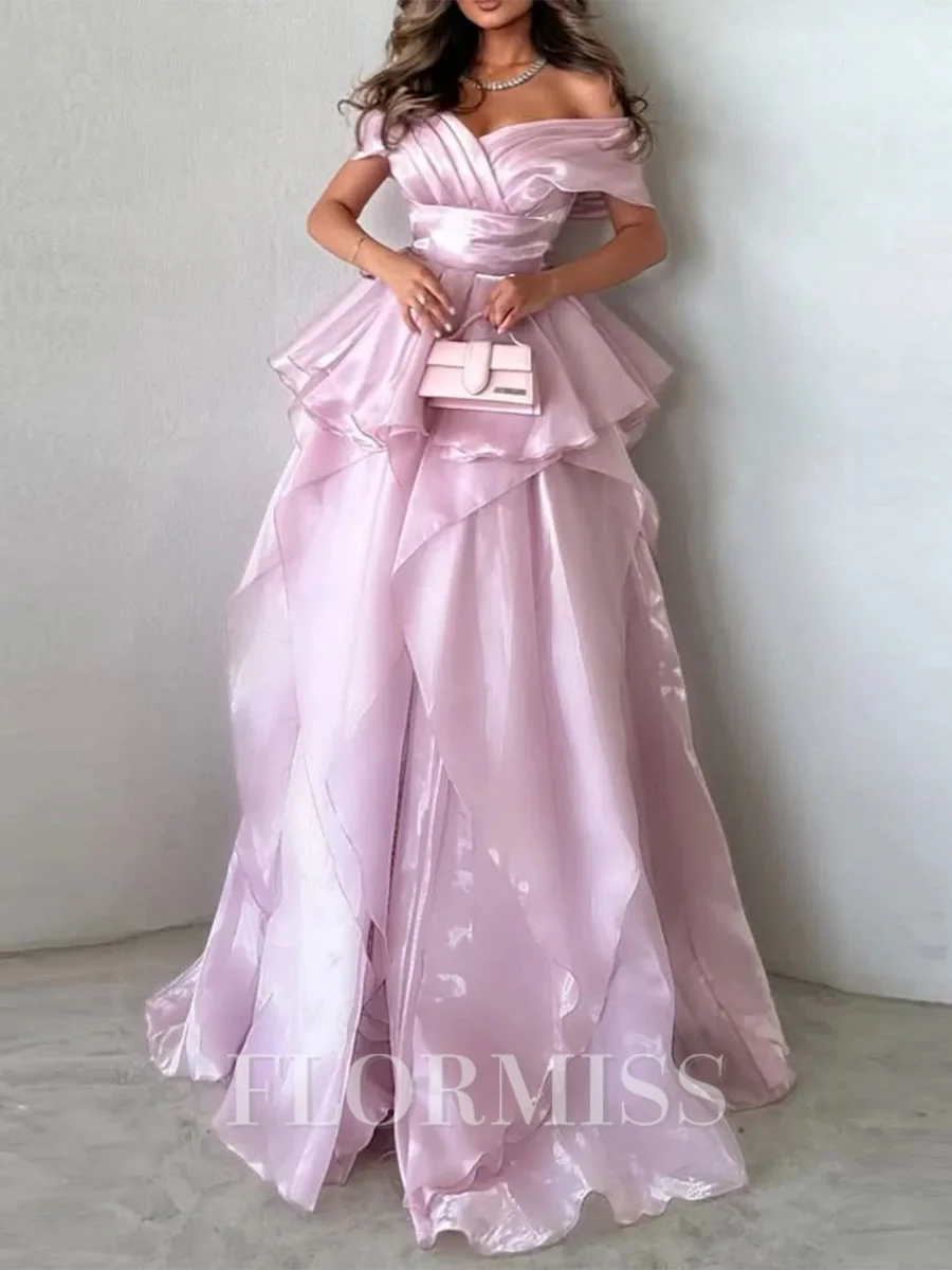 A-line Off-the-Shoulder Cascading Ruffles Sweep Train Corset Prom Dress