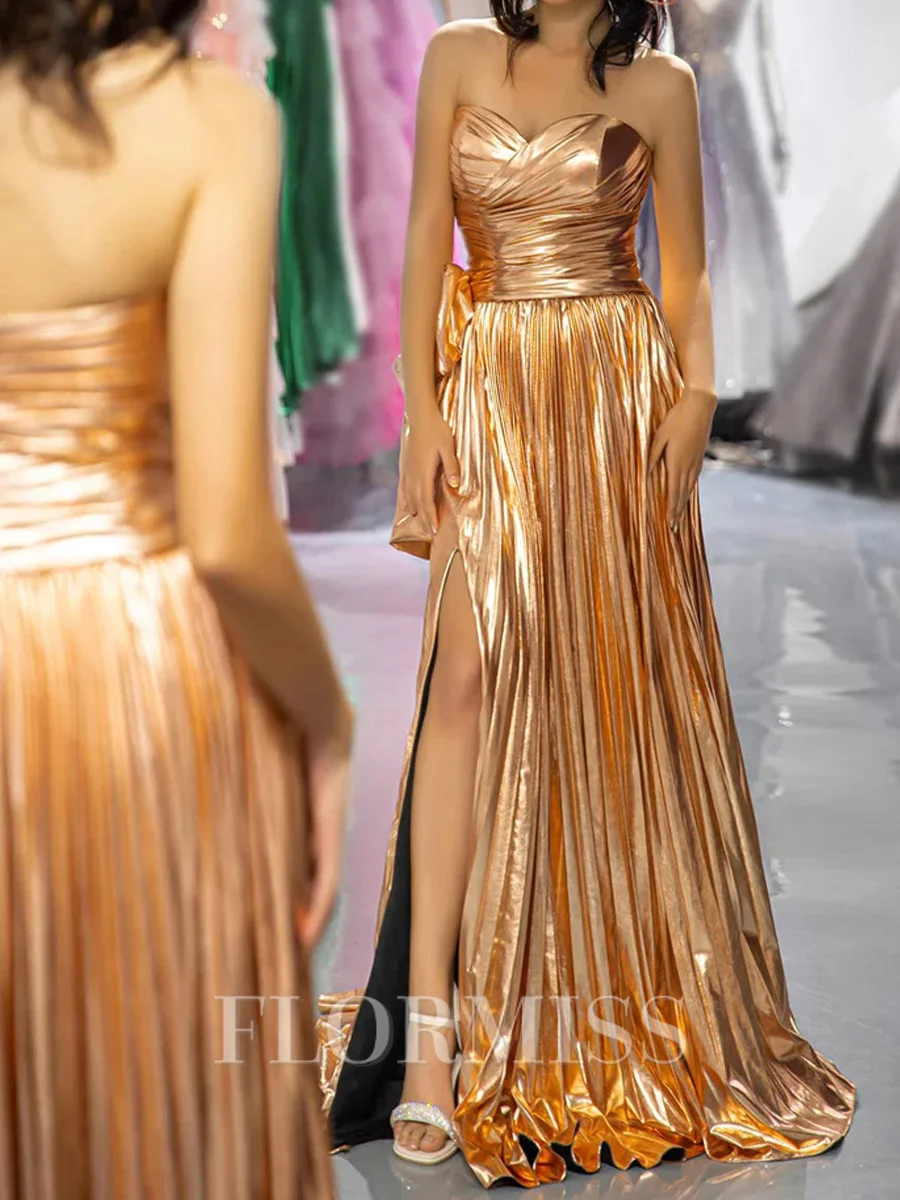 A-line Sweetheart Pleated Court Train Metallic Satin Corset Prom Dress