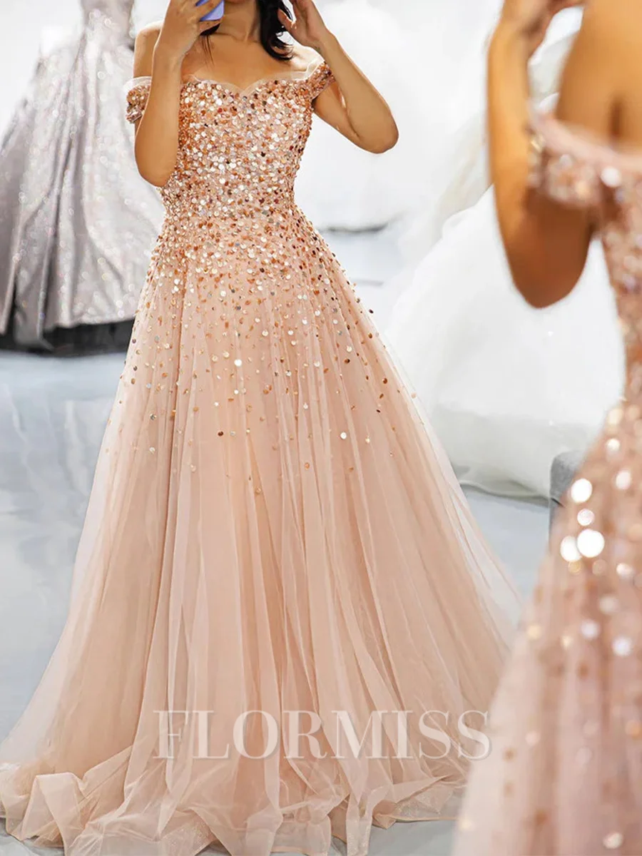 A-line Off-the-Shoulder Sequin Floor-Length Tulle Corset Prom Dress
